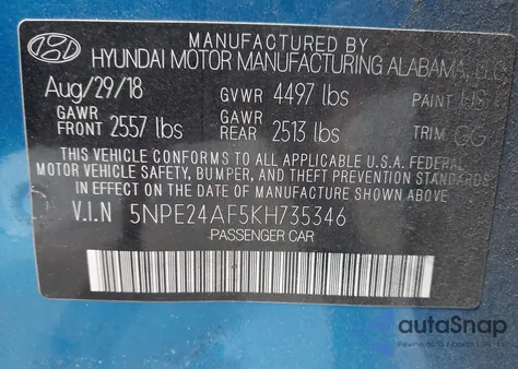 2019 Hyundai Sonata Se z USA, uszkodzony, nr VIN 5NPE24AF5KH735346